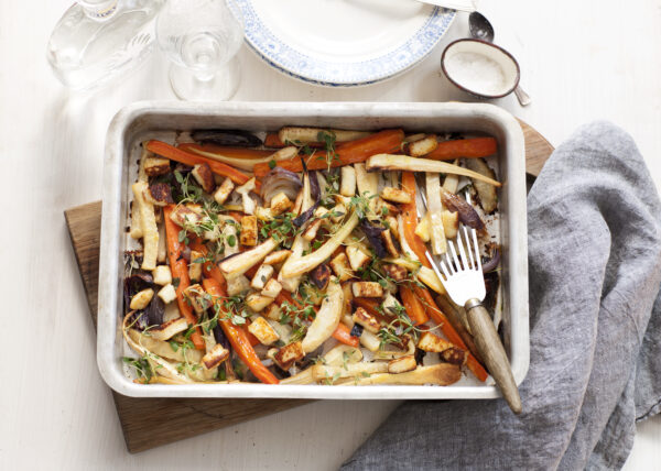 Rotfrukter i ugn med stekt halloumi