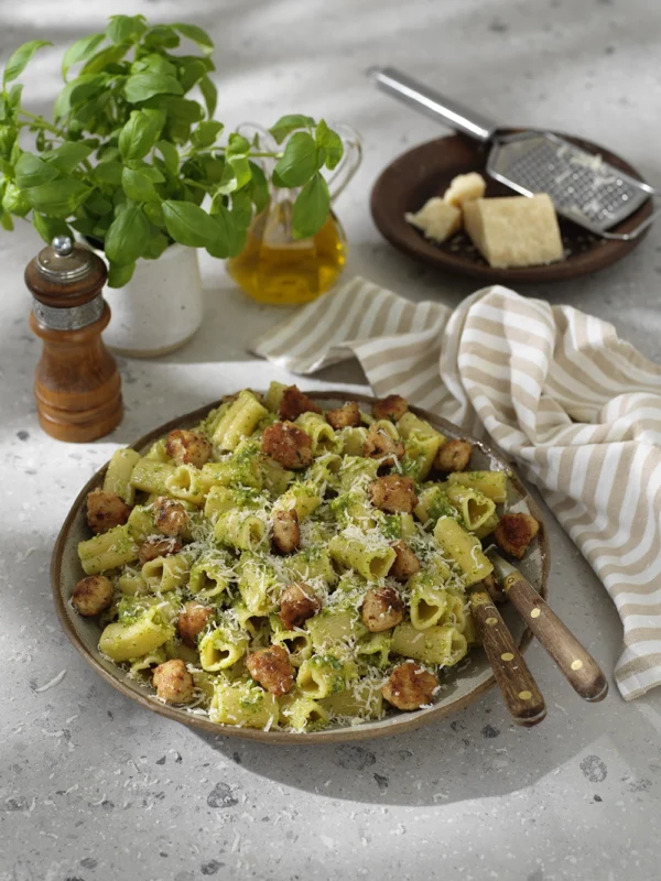 Pastamore med små kycklingköttbullar och pesto
