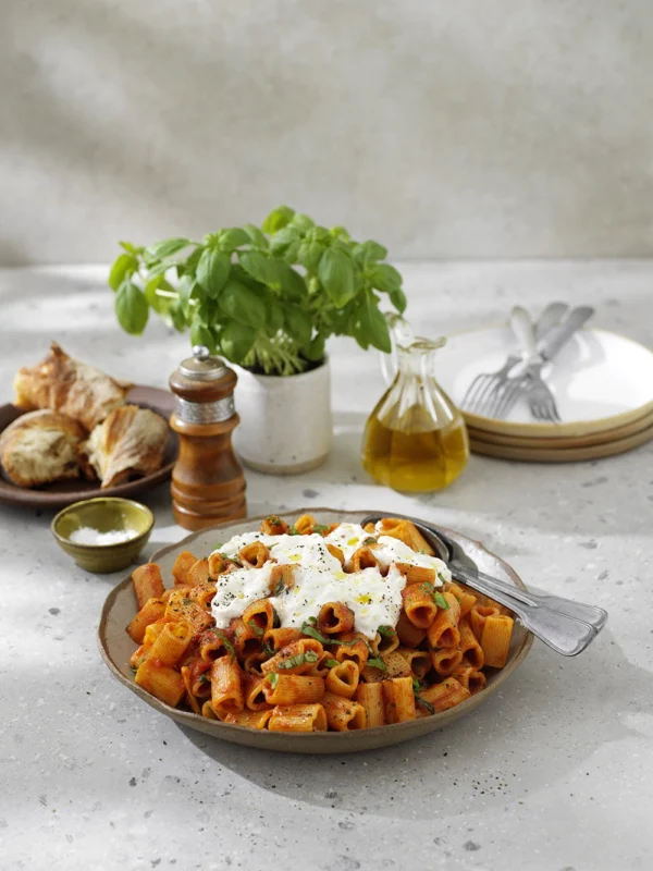 Pastamore med tomatsås och stracciatella