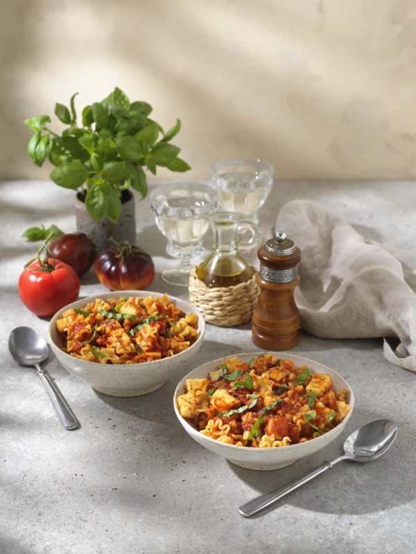 Pasta Mafaldine med mustig tomatsås och krämig halloumi