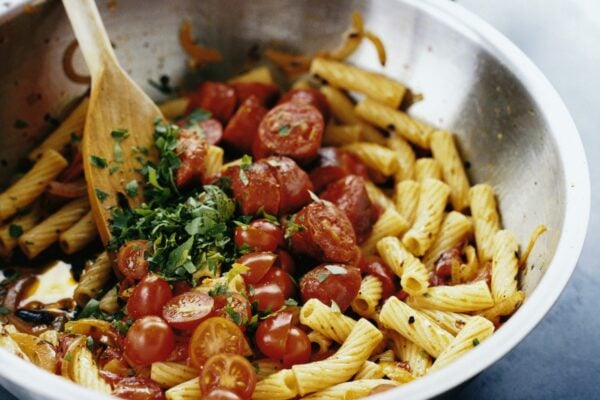 Pasta Tortiglioni med chorizo och grillad paprika