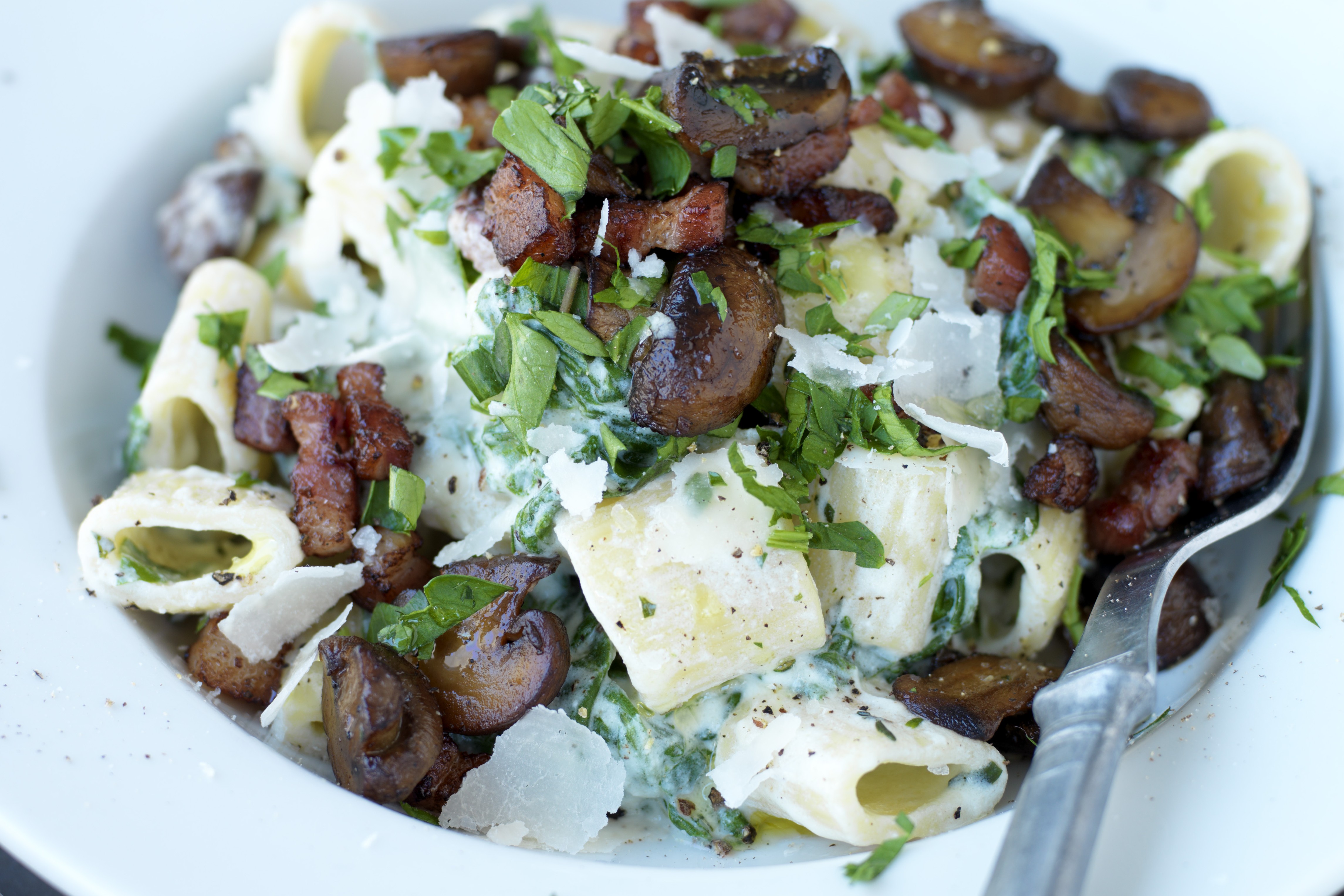 Pasta med svamp, pancetta, ricotta och spenat Recept Zeta